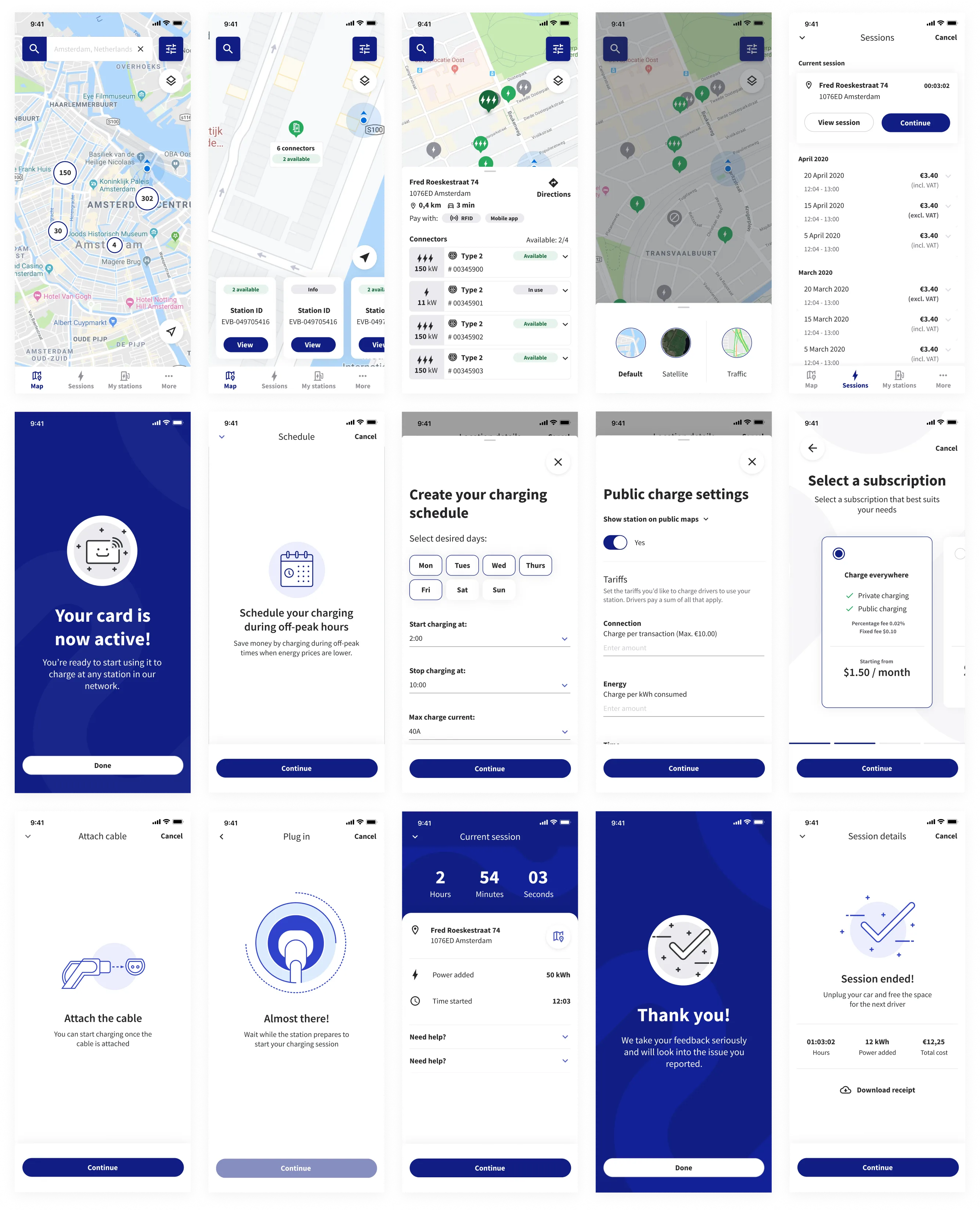 EVBox mobile app screenshots showing charging station finder and scheduling features