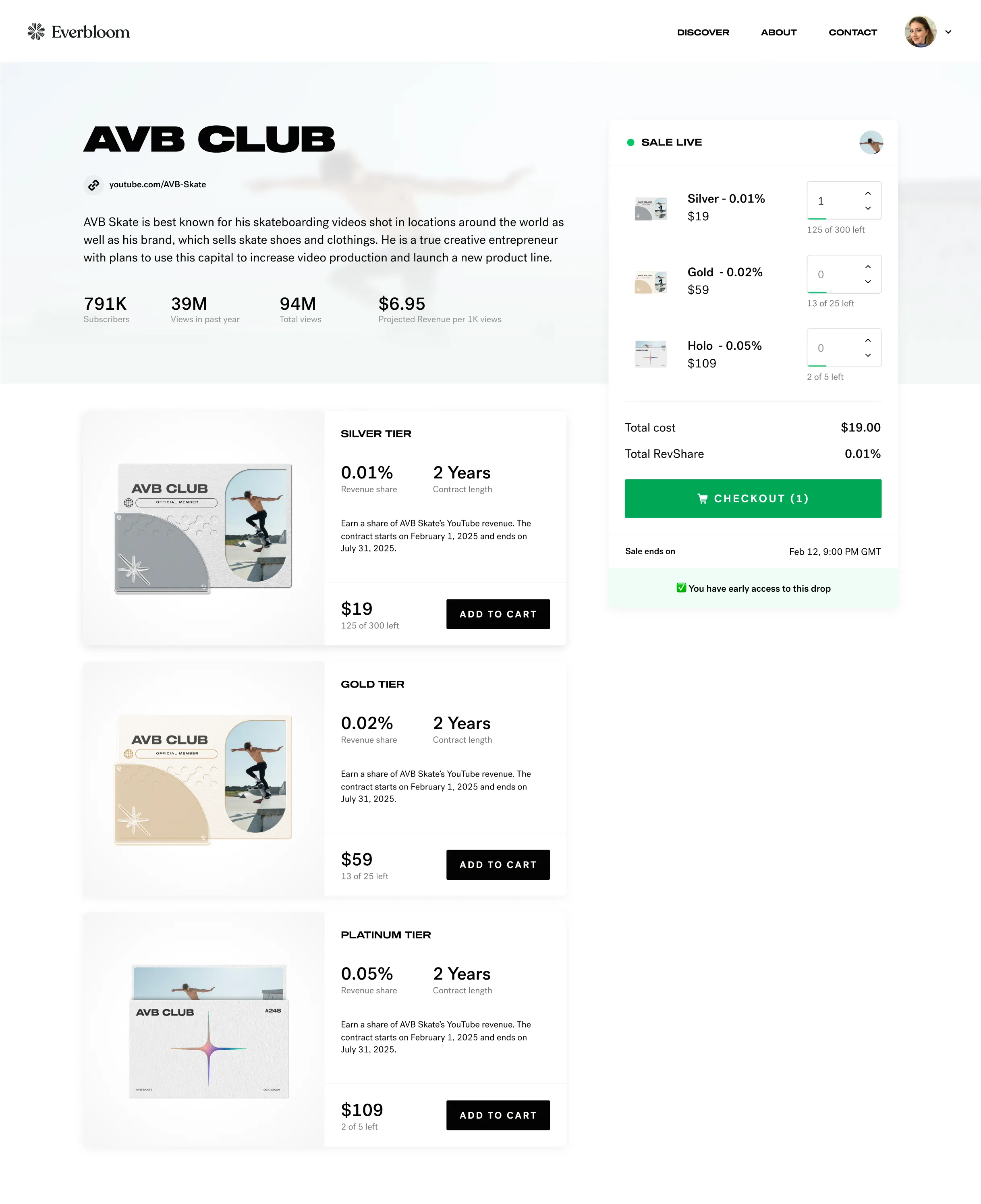 Everbloom creator profile page showing investment details and revenue sharing