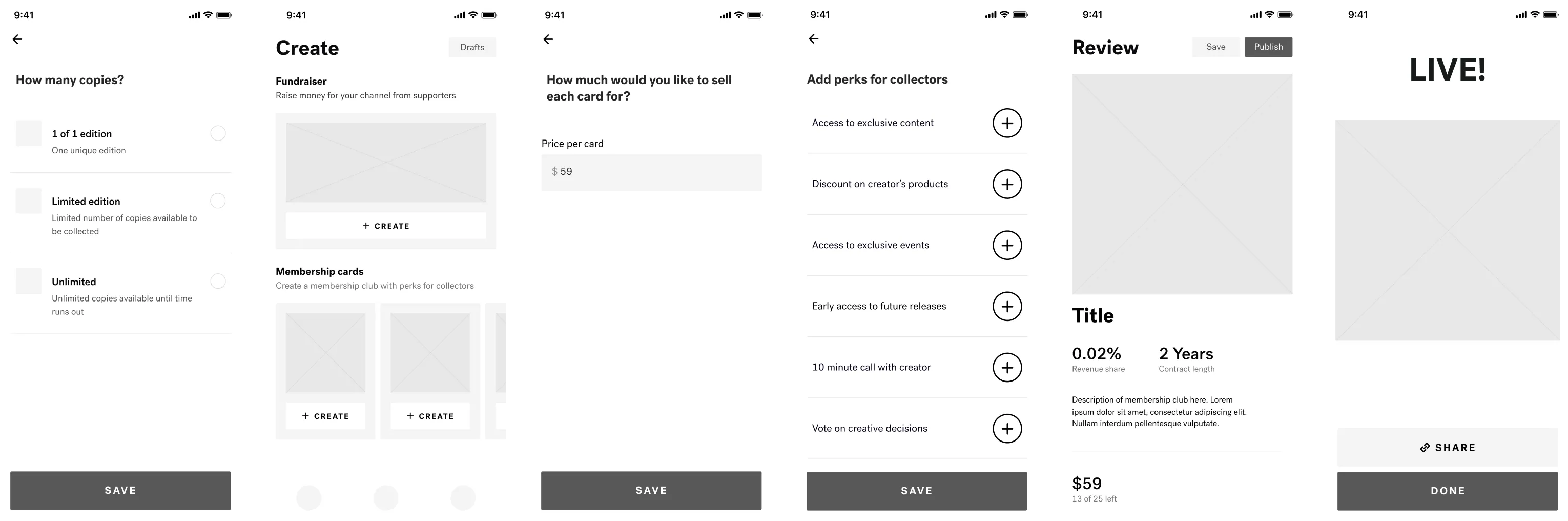 Everbloom app proof of concept showing creator investment platform wireframes
