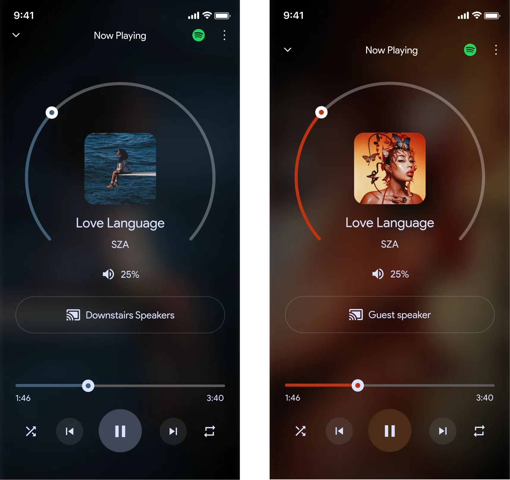 Google Home app music streaming interface with album artwork and controls