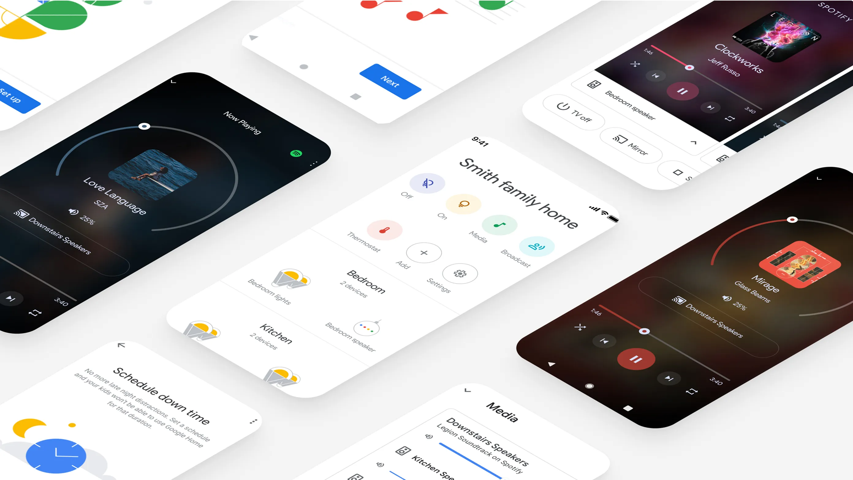 Google Home app interface screenshots showing smart home device management