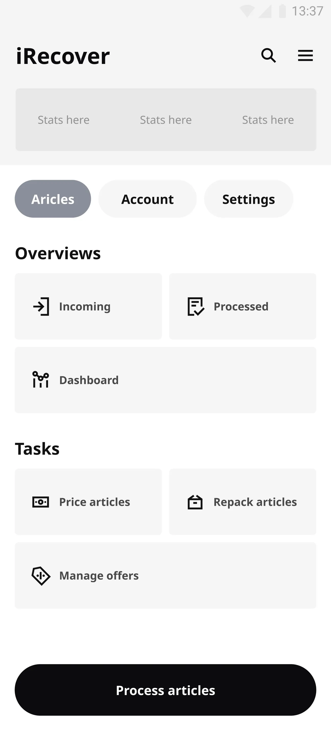 Screenshot of IKEA iRecover Android app home screen after restructure