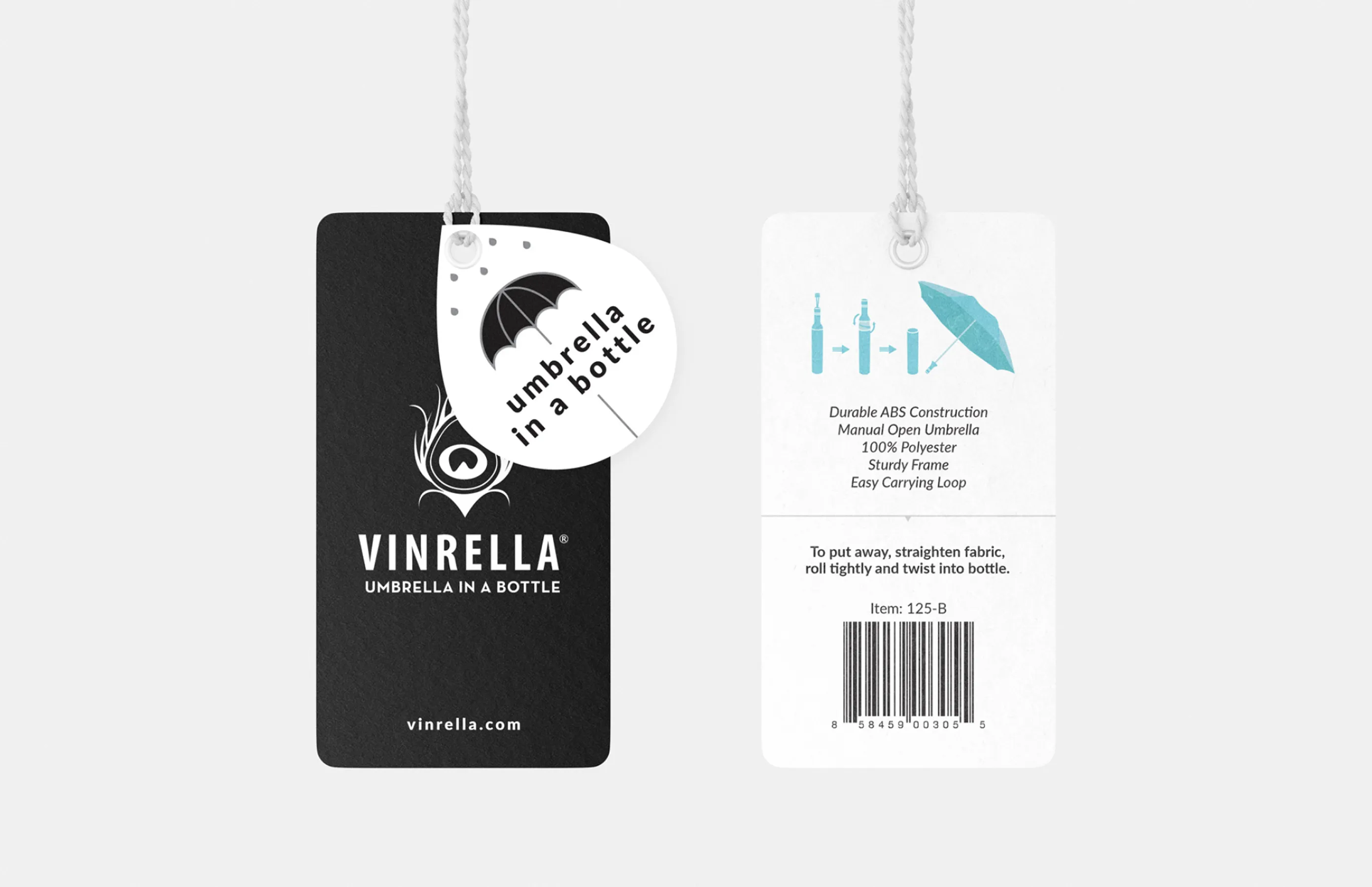 Vinrella product tags and branding with sustainable umbrella design